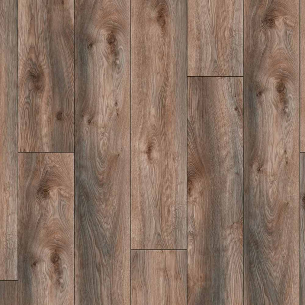 Holzähnliches Laminat in Grau mit strukturierten Oberflächen und verschiedenen Plankenformaten. Ein rustikales Design fördert eine warme und einladende Atmosphäre.